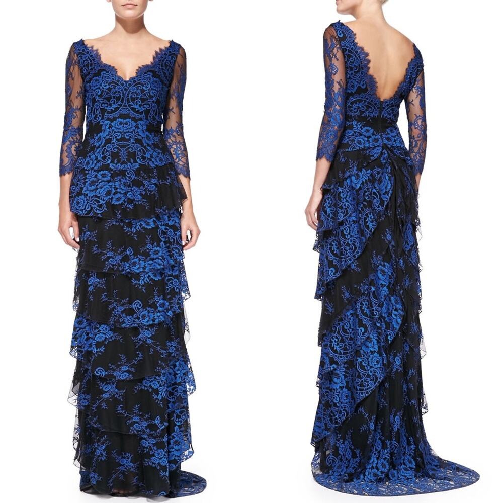 Alice + Olivia Alyssa Tiered Contrast Lace Evening Gown Dress Blue Black Size 2